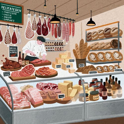 Makoon illustration of a richly stocked delicatessen counter