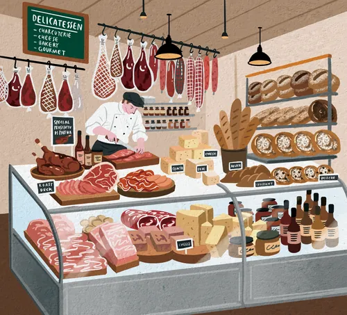 Makoon illustration of a richly stocked delicatessen counter