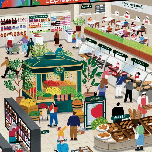 Makoon illustration of a lively Lotte Department Store food hall