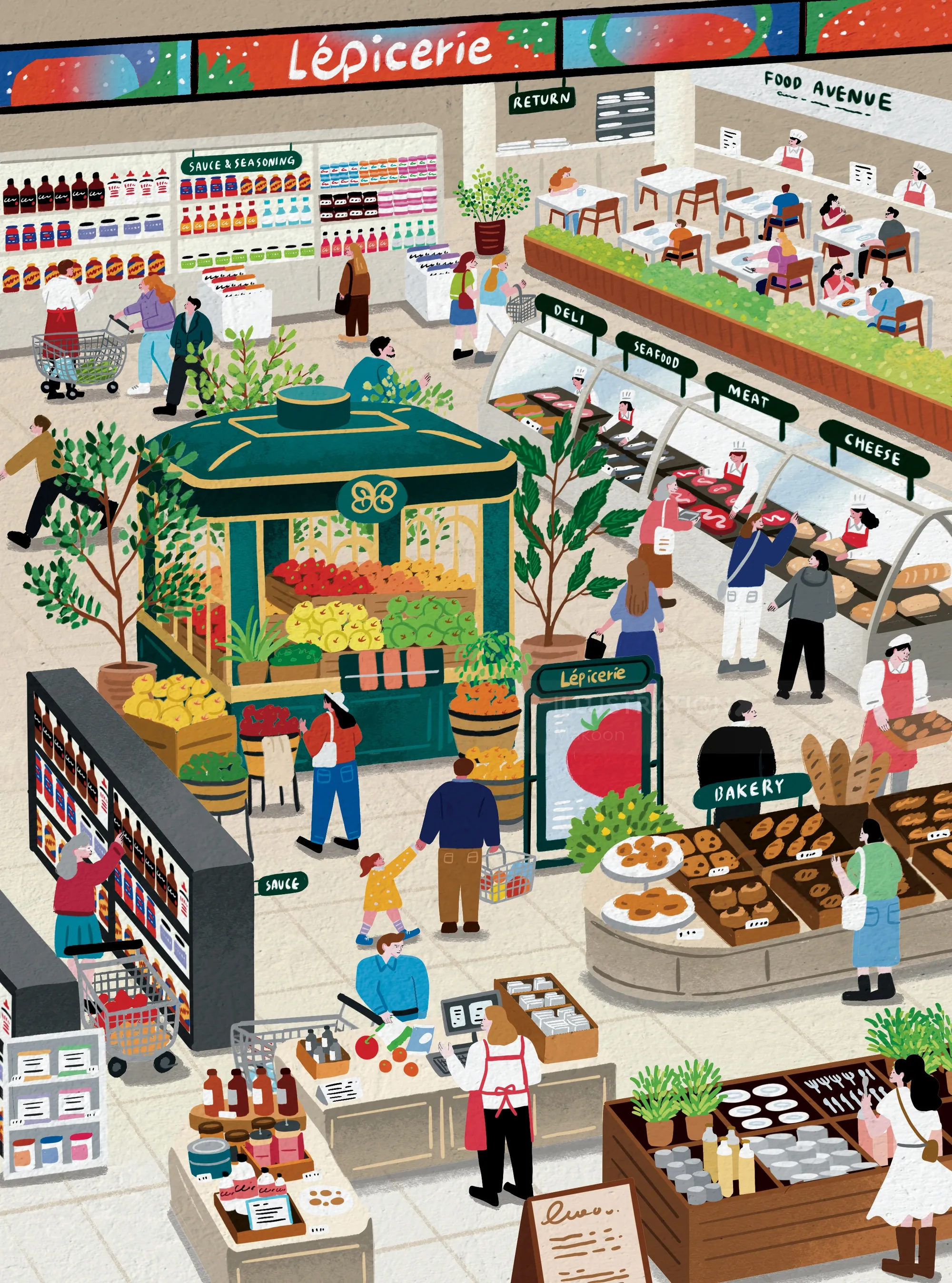 Makoon illustration of a lively Lotte Department Store food hall