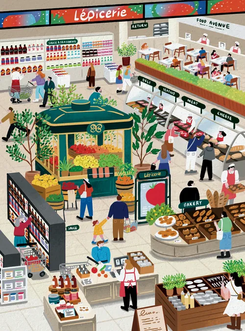 Makoon illustration of a lively Lotte Department Store food hall