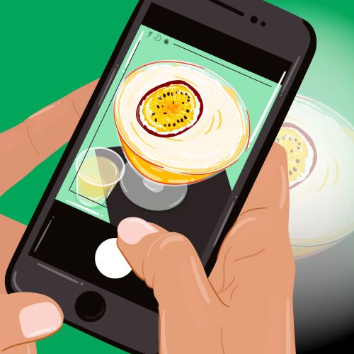 Hands holding smartphone taking photo of coffee cup, illustration by Mallory Heyer