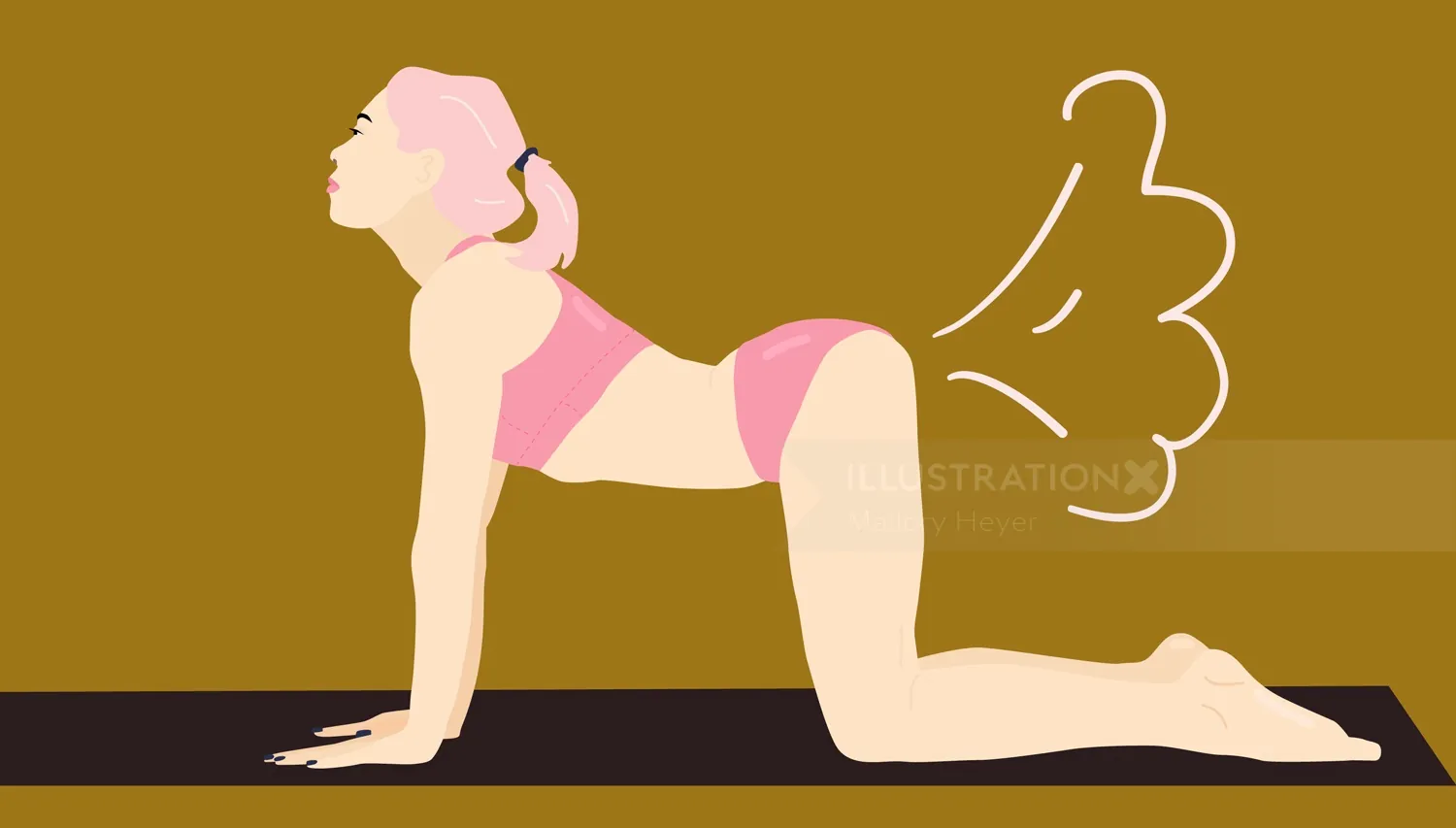 Woman in cat cow yoga pose with fart lines by Mallory Heyer