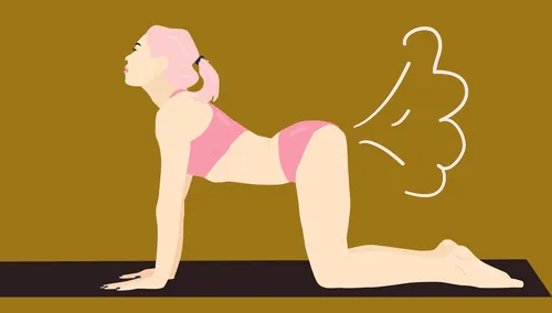 Woman in cat cow yoga pose with fart lines by Mallory Heyer