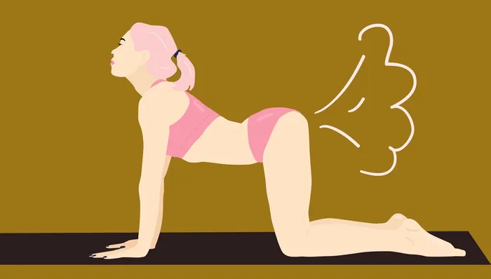 Woman in cat cow yoga pose with fart lines by Mallory Heyer