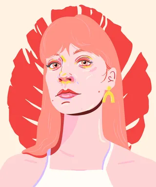 Stylized portrait of a woman with red hair and yellow earrings by Mallory Heyer
