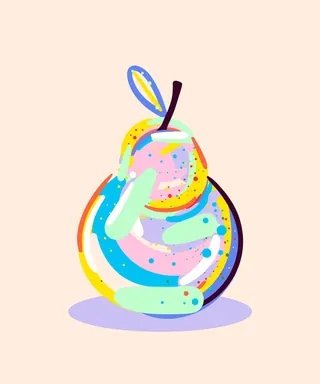 Colorful abstract pear illustration with multicolored shapes by Mallory Heyer
