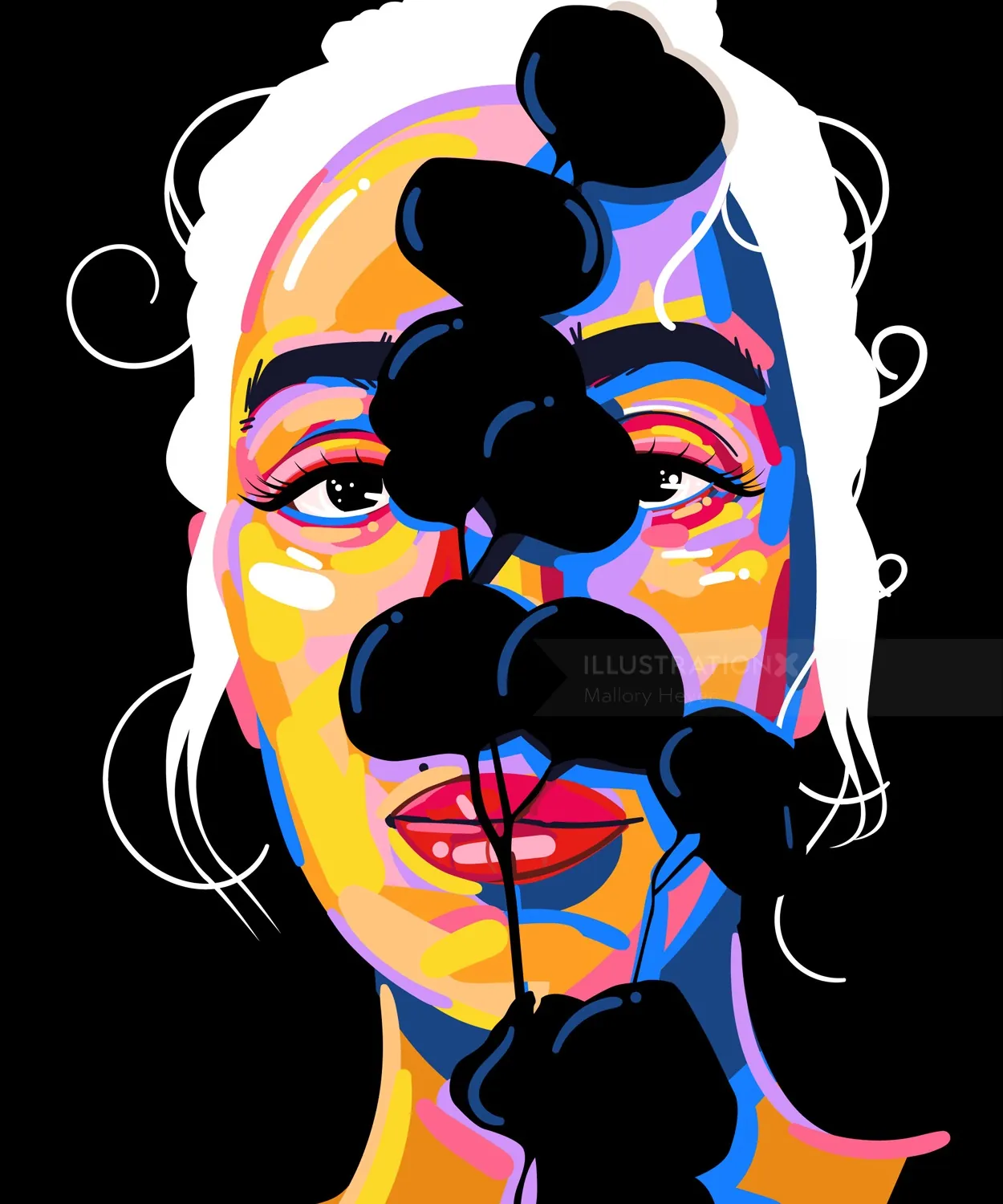 Abstract colorful portrait with black balloons over face by Mallory Heyer