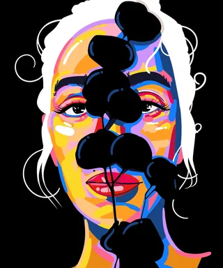 Abstract colorful portrait with black balloons over face by Mallory Heyer