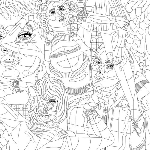 Intricate abstract faces and figures line drawing by Mallory Heyer