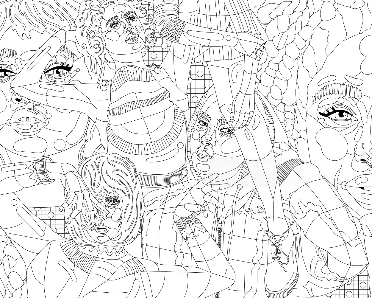 Intricate abstract faces and figures line drawing by Mallory Heyer