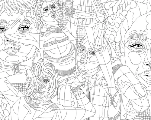 Intricate abstract faces and figures line drawing by Mallory Heyer