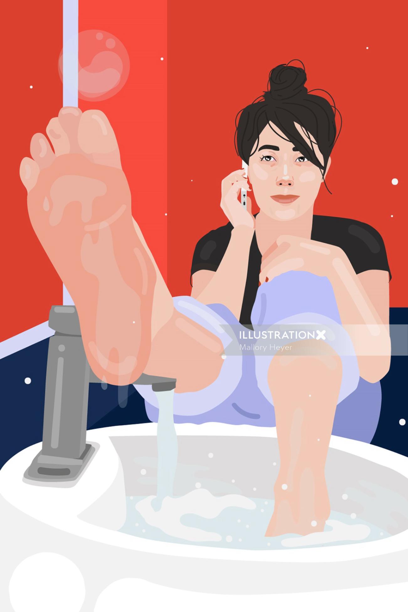 Ilustração editorial da menina falando telefone no banheiro