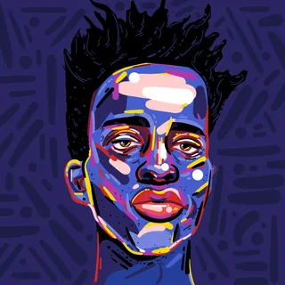 Colorful portrait of a man by Mallory Heyer with vibrant abstract patterns