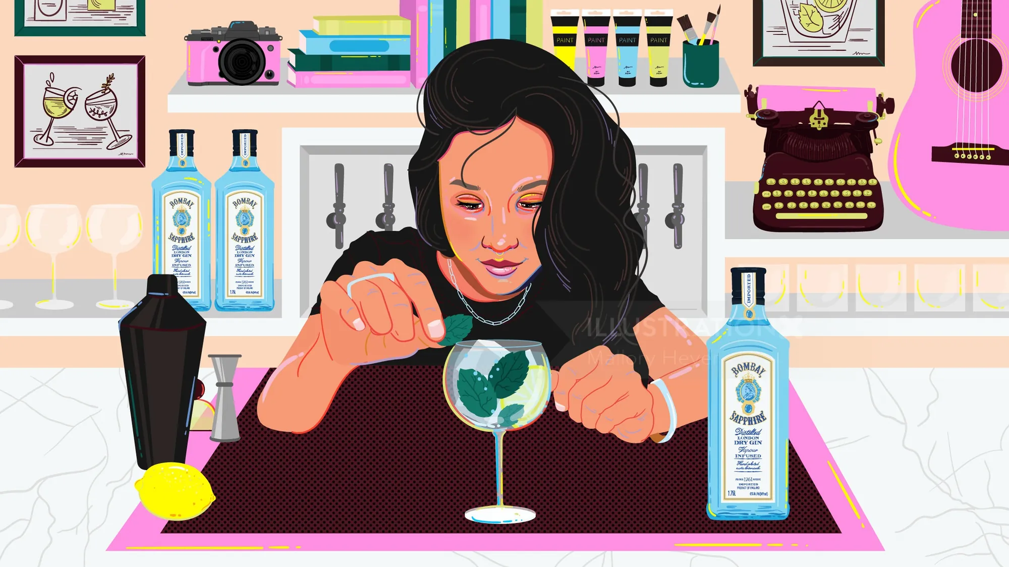 Woman making cocktail at bar with Bombay Sapphire bottles by Mallory Heyer