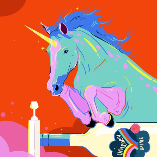 Vibrant unicorn and wine bottle illustration by Mallory Heyer