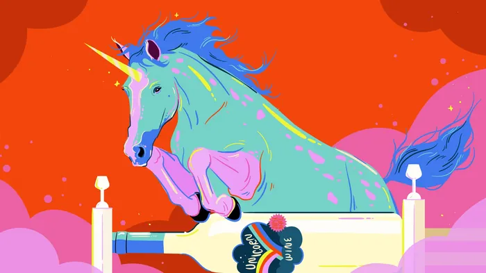 Vibrant unicorn and wine bottle illustration by Mallory Heyer