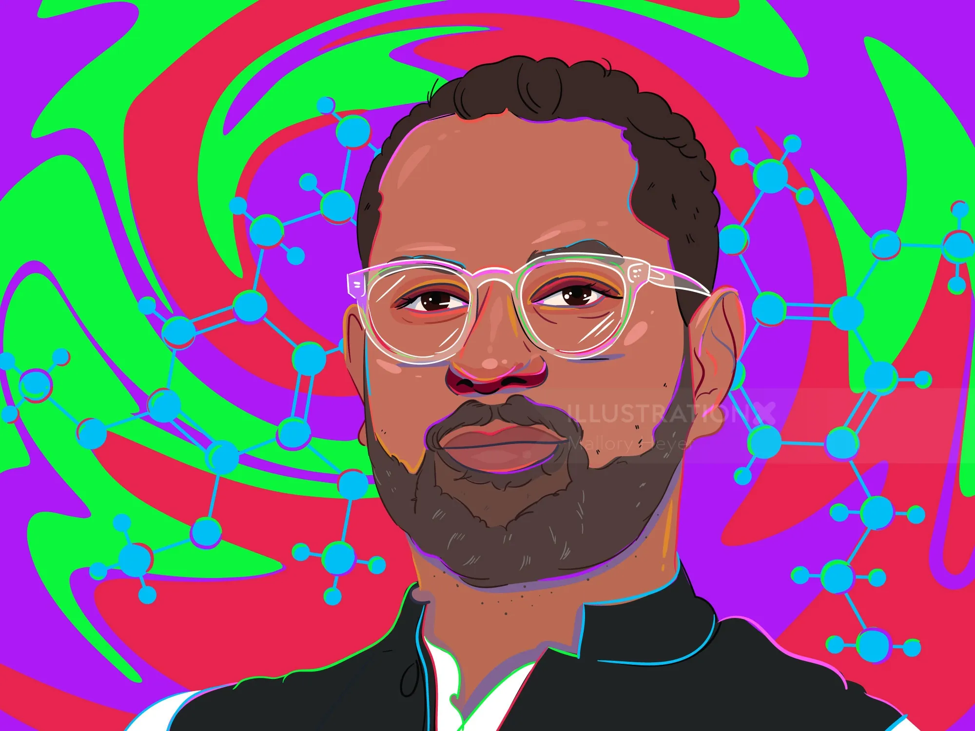 Digital portrait of man with glasses and molecular structure background by Mallory Heyer
