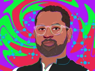 Digital portrait of man with glasses and molecular structure background by Mallory Heyer
