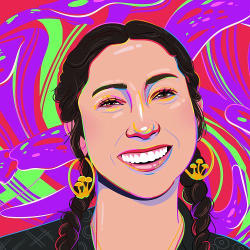 Digital portrait of smiling woman with braids by Mallory Heyer