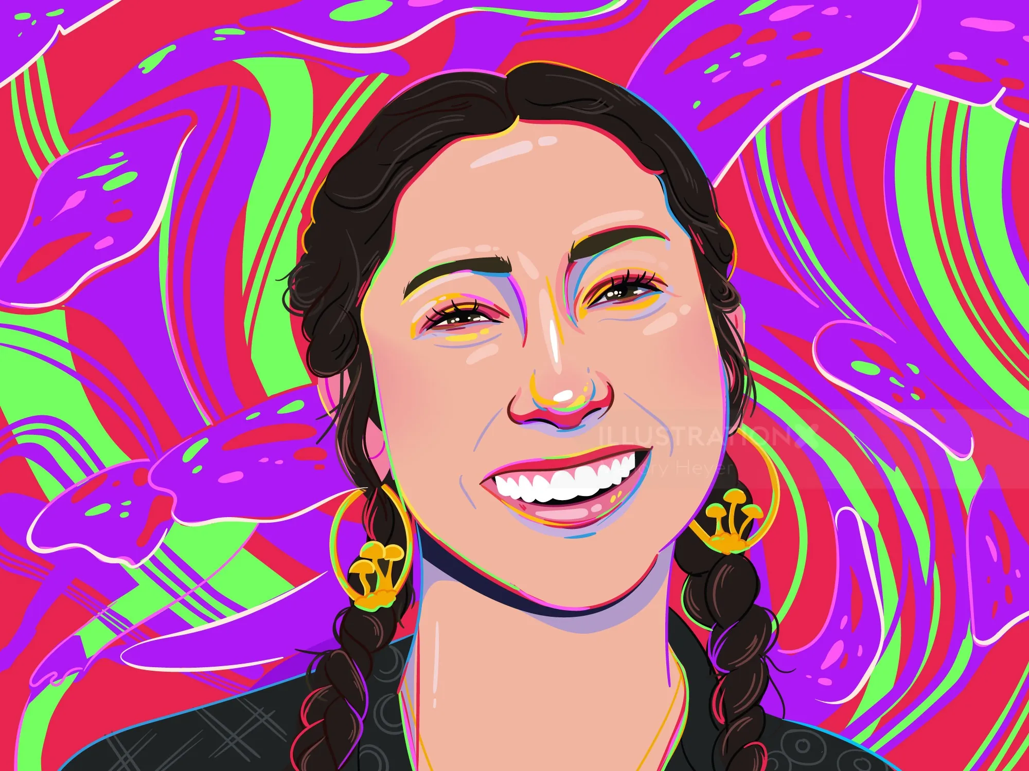 Digital portrait of smiling woman with braids by Mallory Heyer