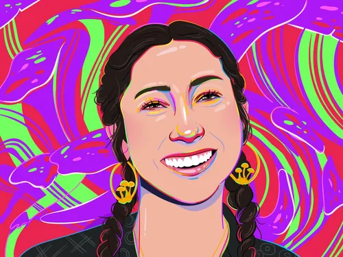 Digital portrait of smiling woman with braids by Mallory Heyer