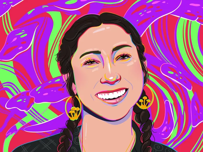 Digital portrait of smiling woman with braids by Mallory Heyer