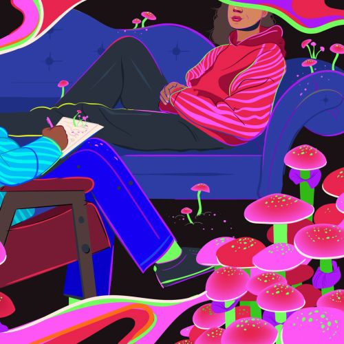 Colorful psychedelic therapy session with glowing mushrooms by Mallory Heyer