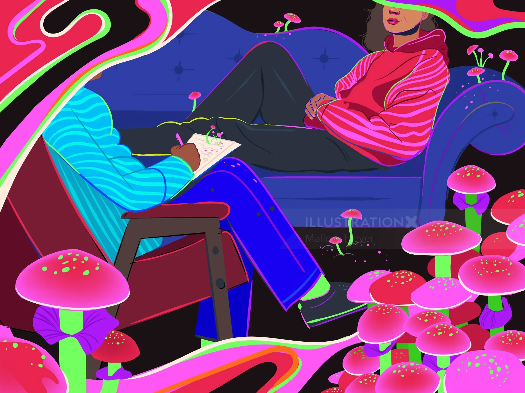 Colorful psychedelic therapy session with glowing mushrooms by Mallory Heyer