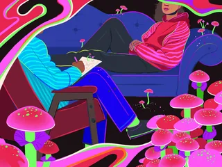 Colorful psychedelic therapy session with glowing mushrooms by Mallory Heyer