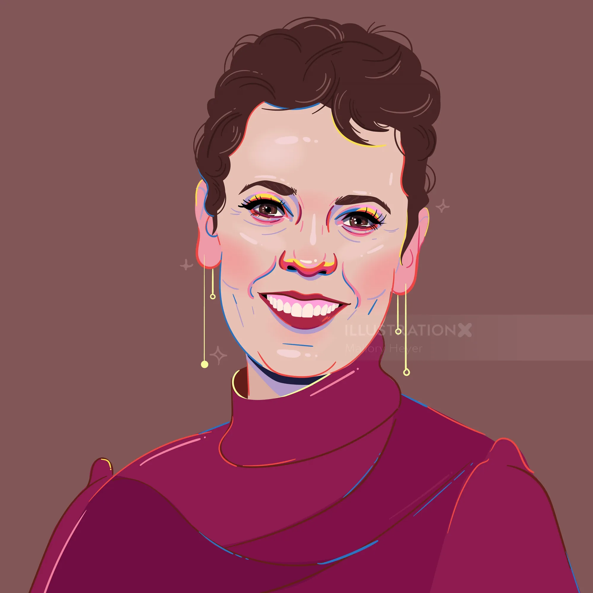 Smiling person with short curly hair wearing purple turtleneck and earrings