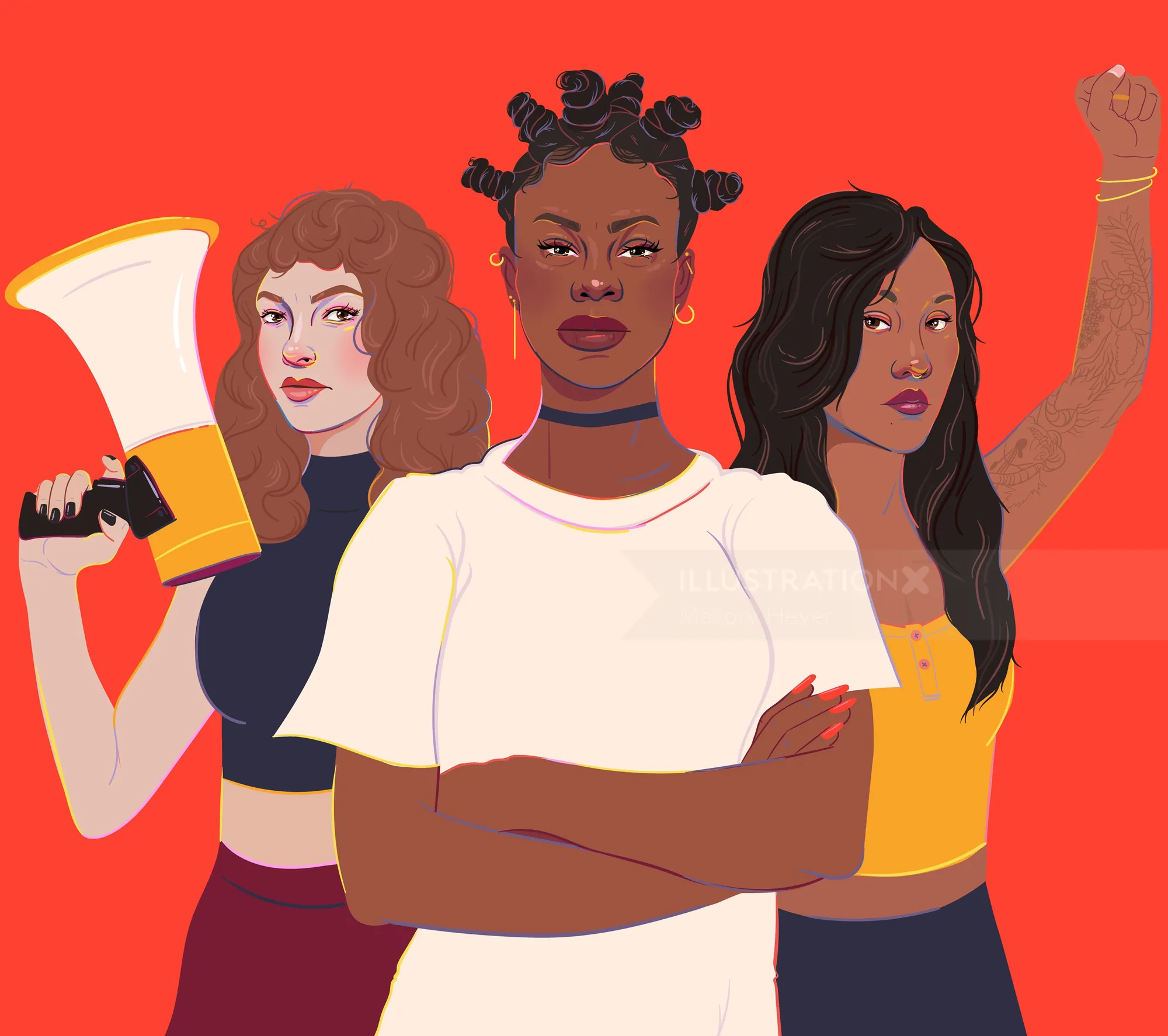 Three diverse women standing with confident expressions and raised fists