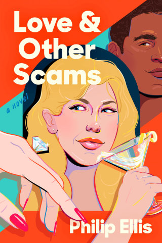 Illustrated cover design for the book "Love & Other Scams"