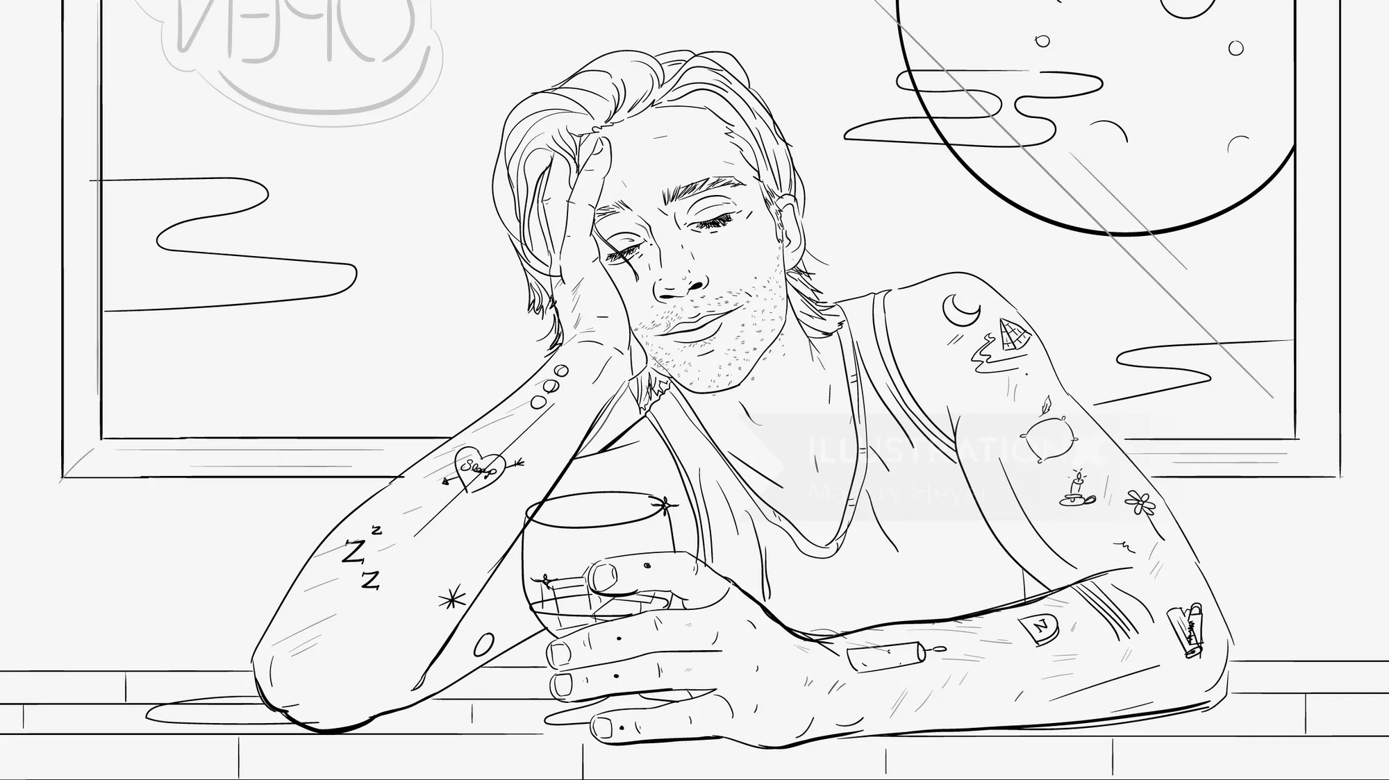 Line art of a tattooed man resting head on hand holding a drink