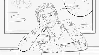 Line art of a tattooed man resting head on hand holding a drink