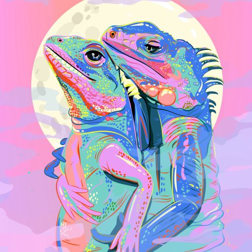 Two vibrant iguanas hugging with a glowing full moon in the background