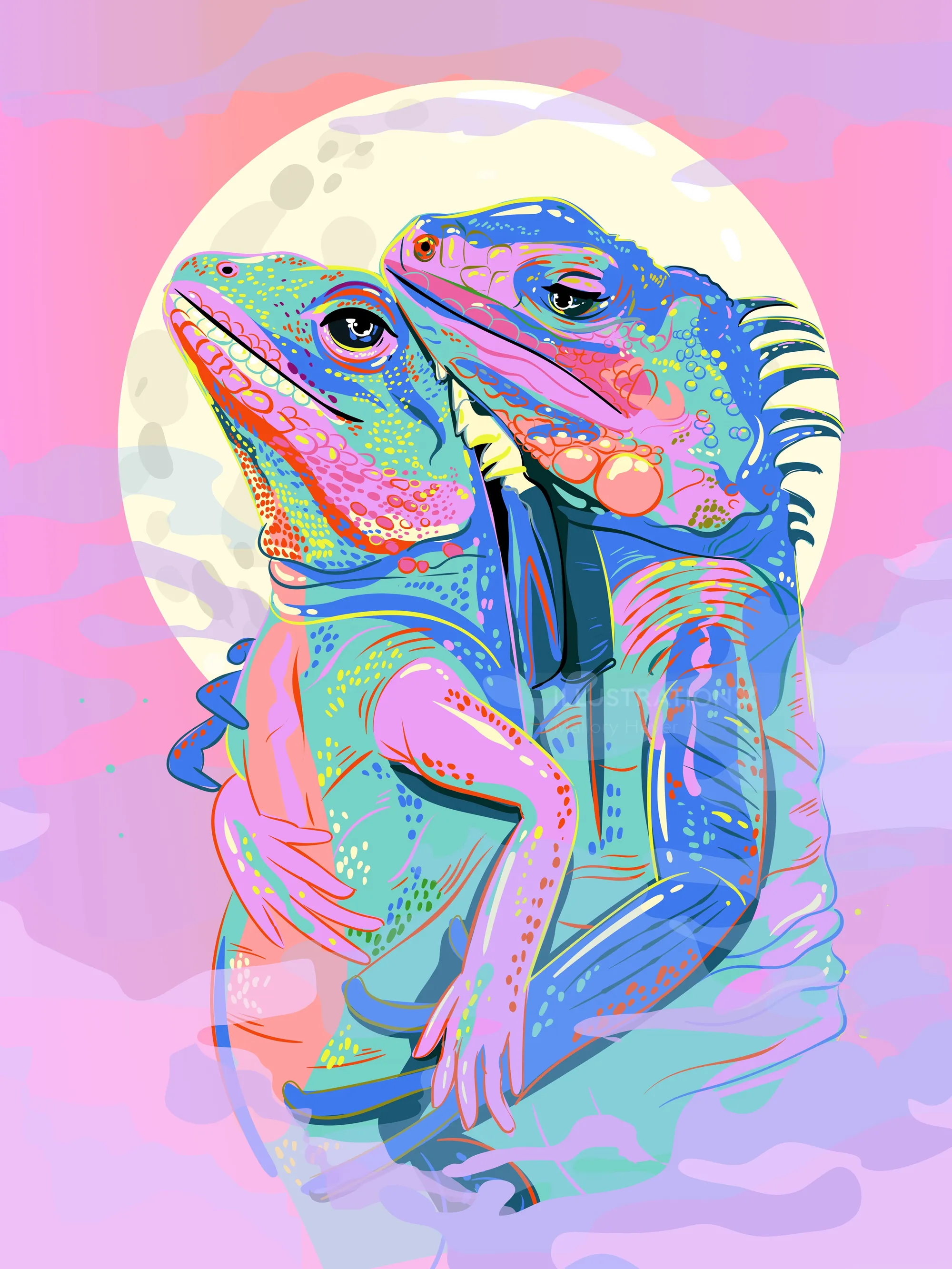 Illustration numérique colorée de deux iguanes enlacés devant la pleine lune par Mallory Heyer