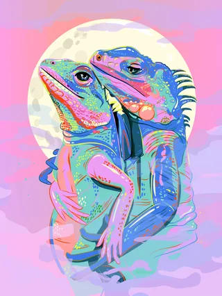 Two vibrant iguanas hugging with a glowing full moon in the background