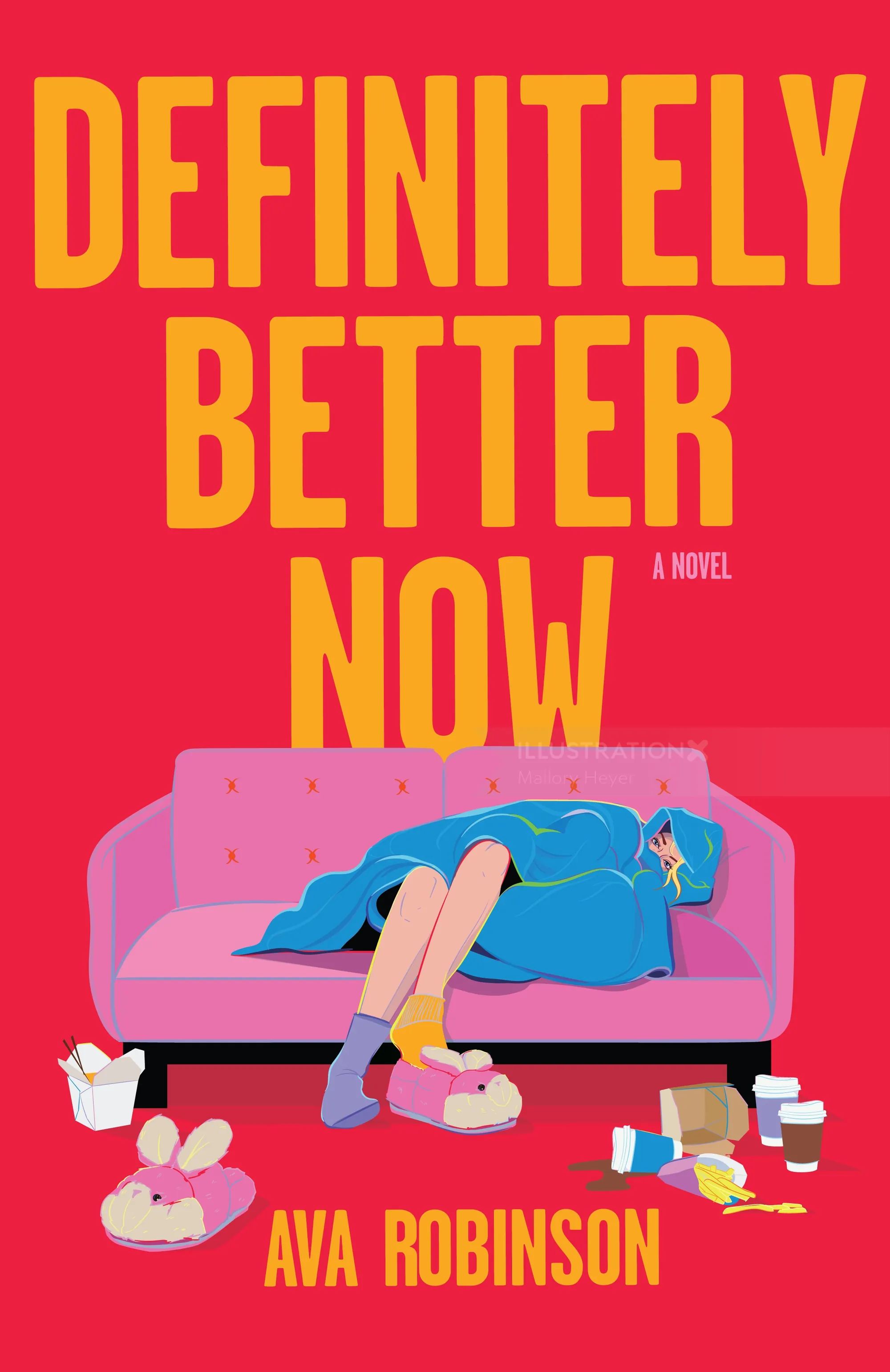 Book cover with person lying on pink couch surrounded by items