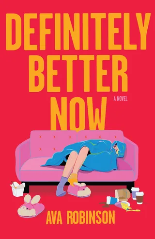 Book cover with person lying on pink couch surrounded by items