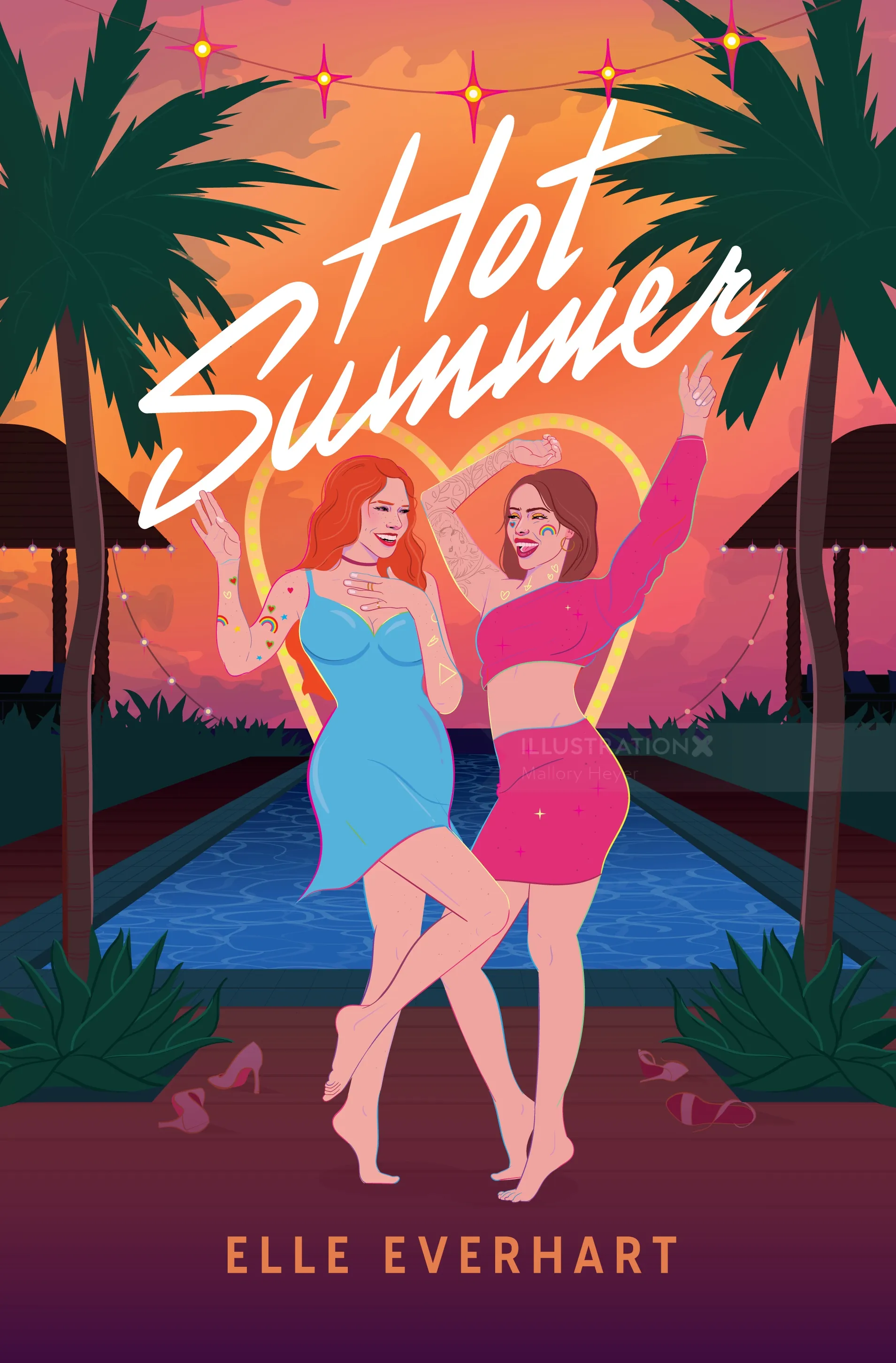 Two women dancing near pool at sunset with palm trees and hot summer text