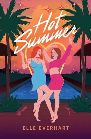 Two women dancing near pool at sunset with palm trees and hot summer text