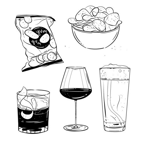 Illustration of chips in bag and bowl with three different drinks