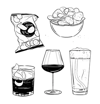 Illustration of chips in bag and bowl with three different drinks