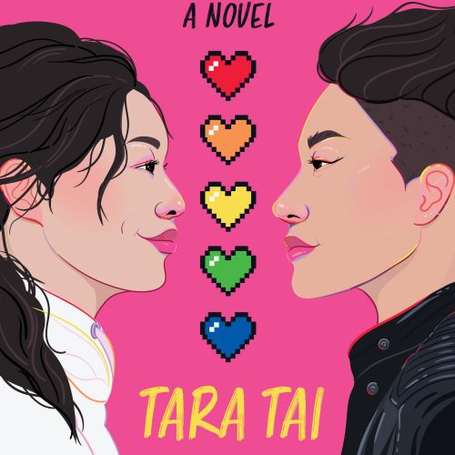 Single Player book cover with two faces and pixelated hearts on pink background