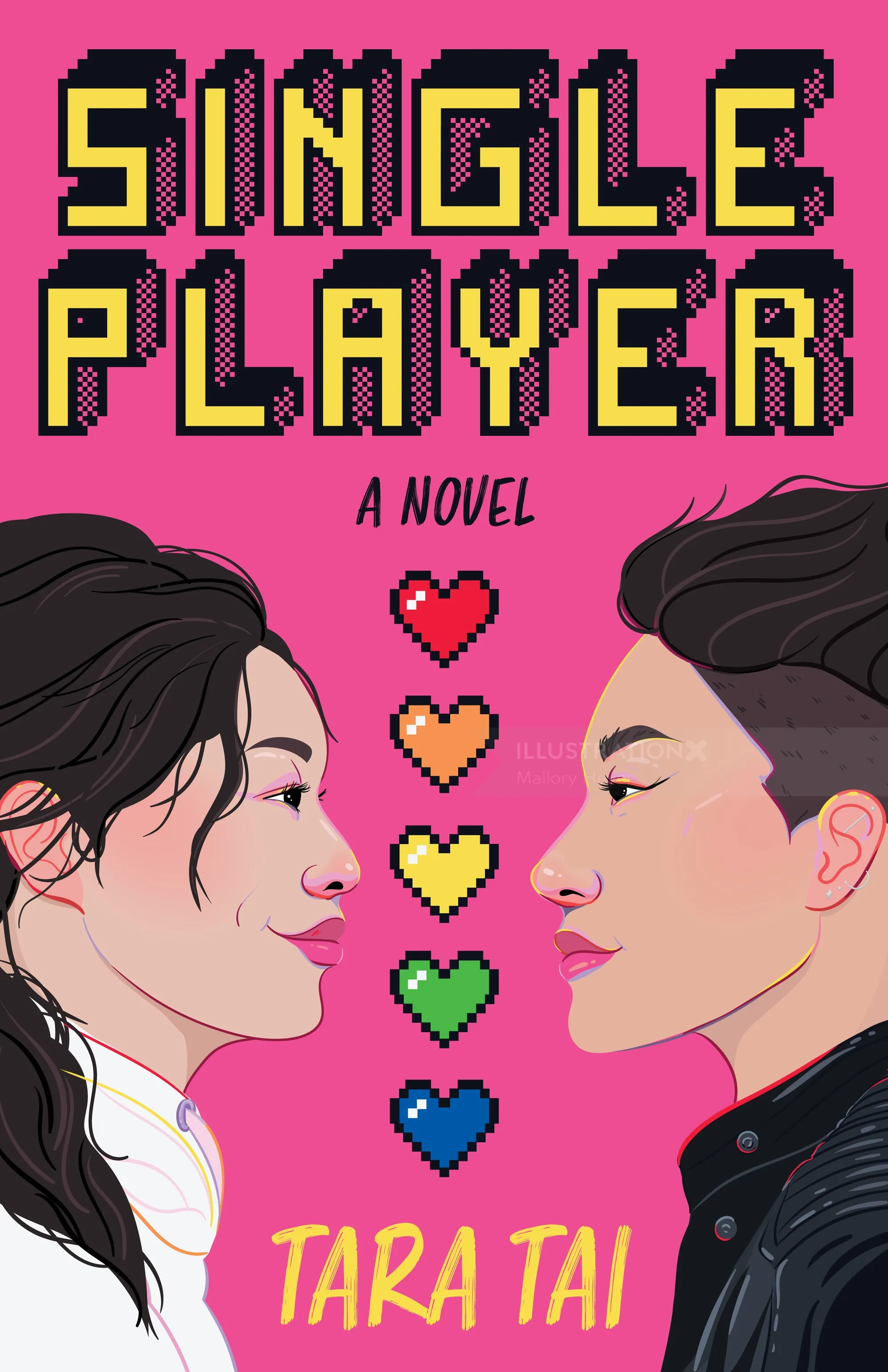 Single Player book cover with two faces and pixelated hearts on pink background