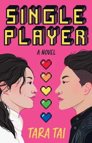 Single Player book cover with two faces and pixelated hearts on pink background
