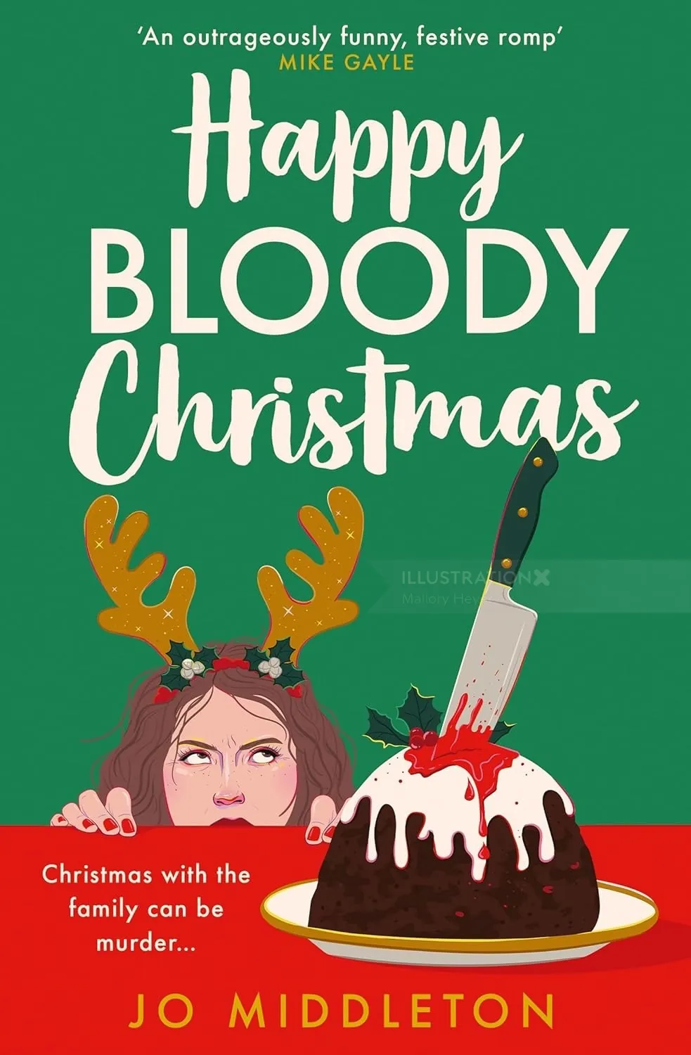 Woman with reindeer antlers and bloody Christmas pudding with knife