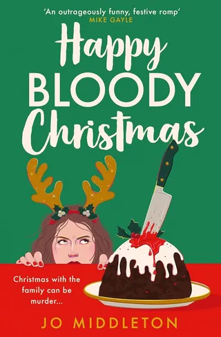 Woman with reindeer antlers and bloody Christmas pudding with knife