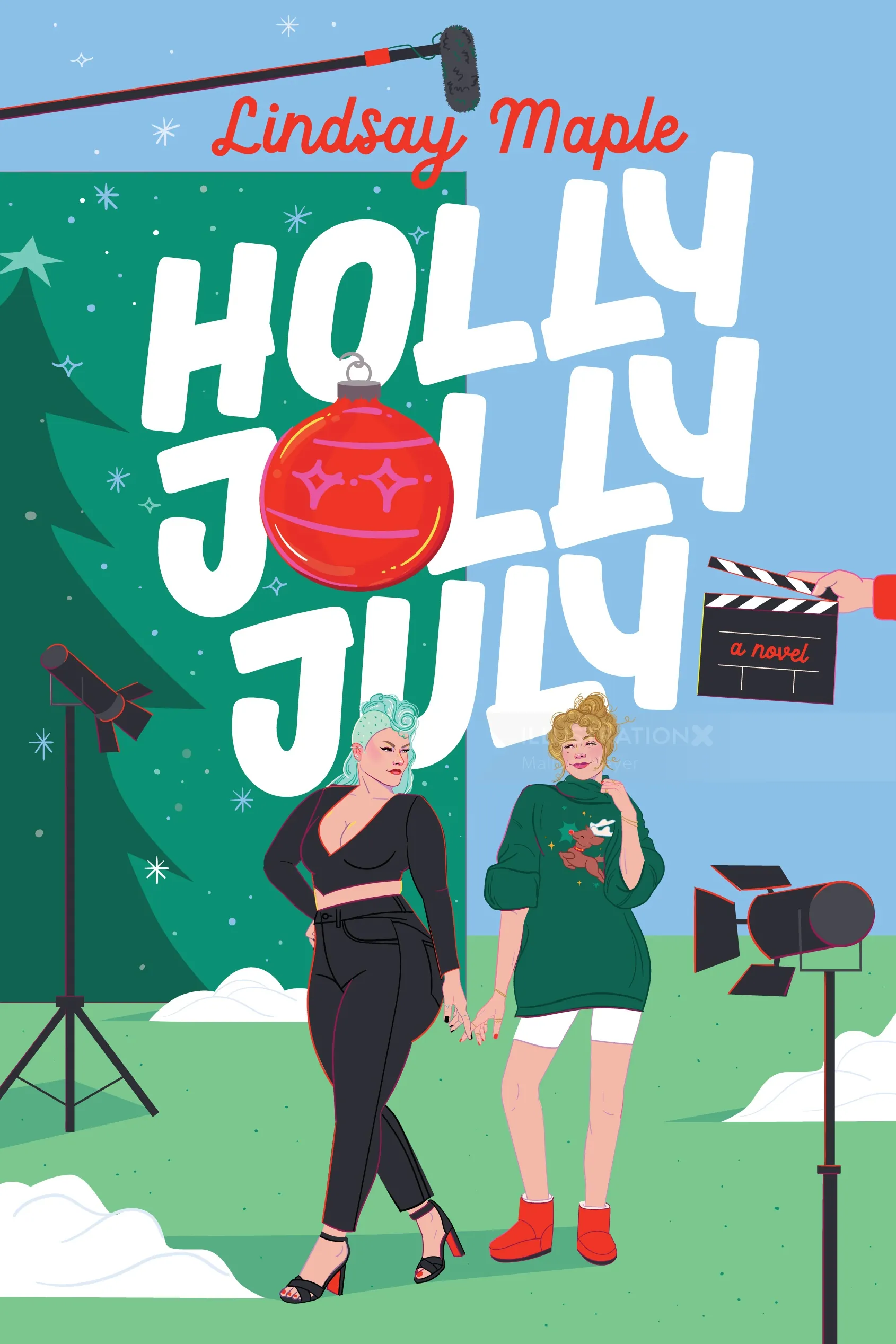 Two women posing on a holiday-themed film set with Christmas decorations